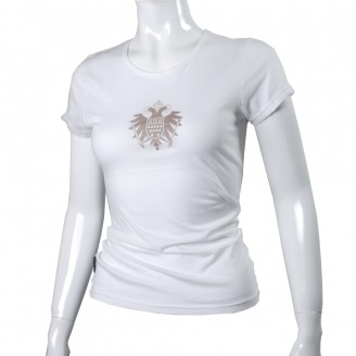 White Tee Shirt With Silver Speicher Logo